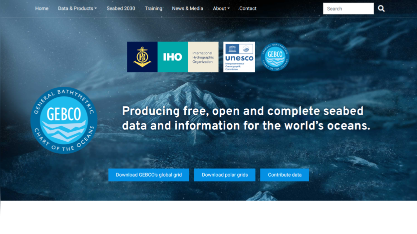 Homepage offering free, open seabed data and information for the world's oceans with download and contribute options.