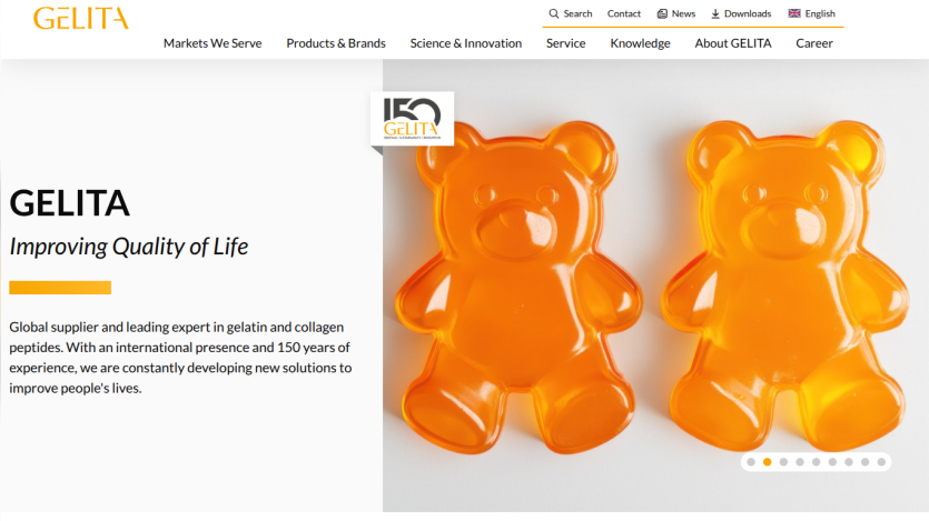 GELITA homepage with navigation and hero section showing two orange gummy bears and text about gelatin and collagen peptides