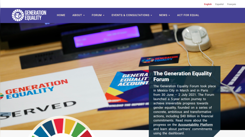 Generation Equality Forum homepage with navigation menu and introductory text about the forum's goals and timeline