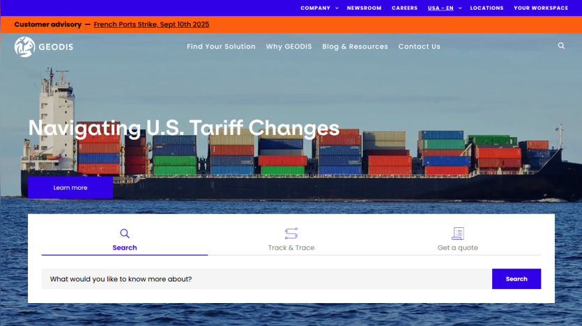 Homepage featuring U.S. tariff changes with a search bar and colorful shipping containers in the background.