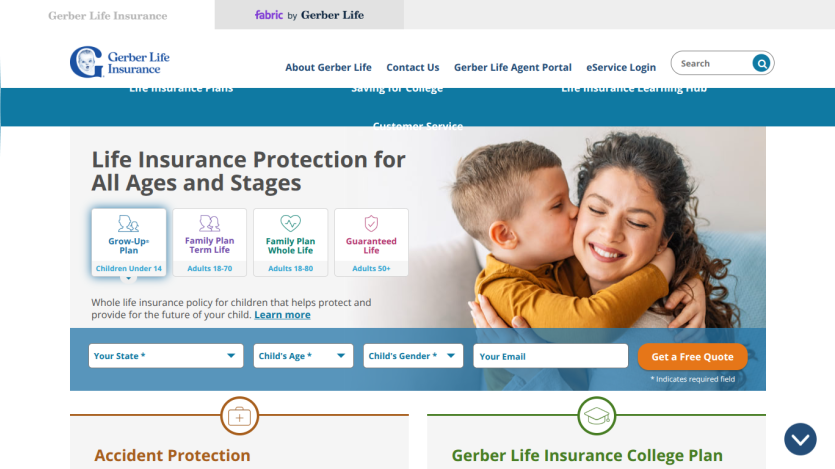 Life insurance options for all ages with a family image and key product highlights.