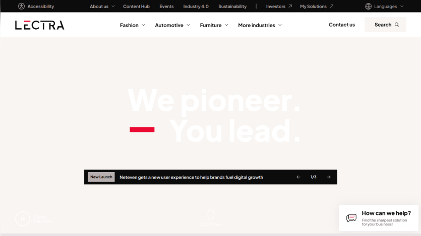 Lectra website with navigation and hero text 'We pioneer. You lead.' and a news ticker about Neteven's new user experience