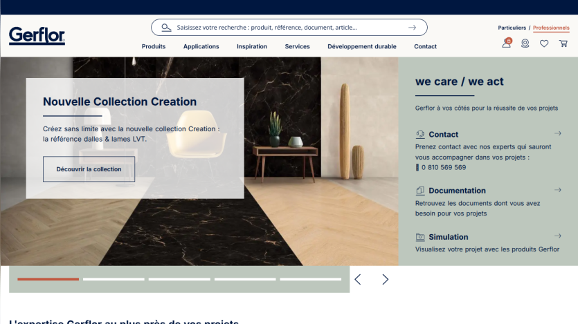Gerflor homepage featuring Nouvelle Collection Creation with product info and contact options