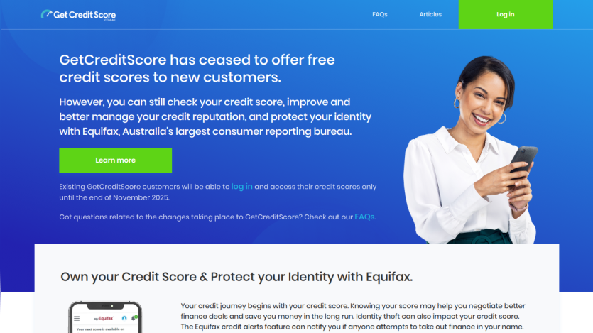 GetCreditScore informs users it no longer offers free credit scores to new customers but allows score checks and identity protection with Equifax, featuring a smiling woman with a phone.