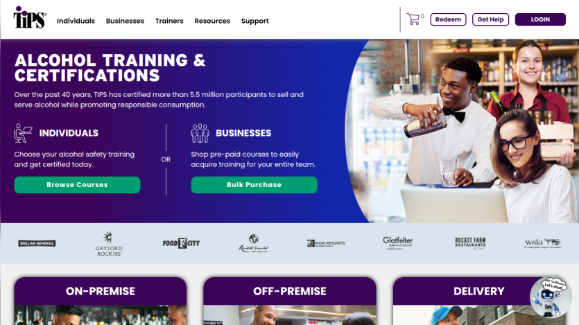 Website homepage offering alcohol training and certification for individuals and businesses with options for on-premise, off-premise, and delivery training.