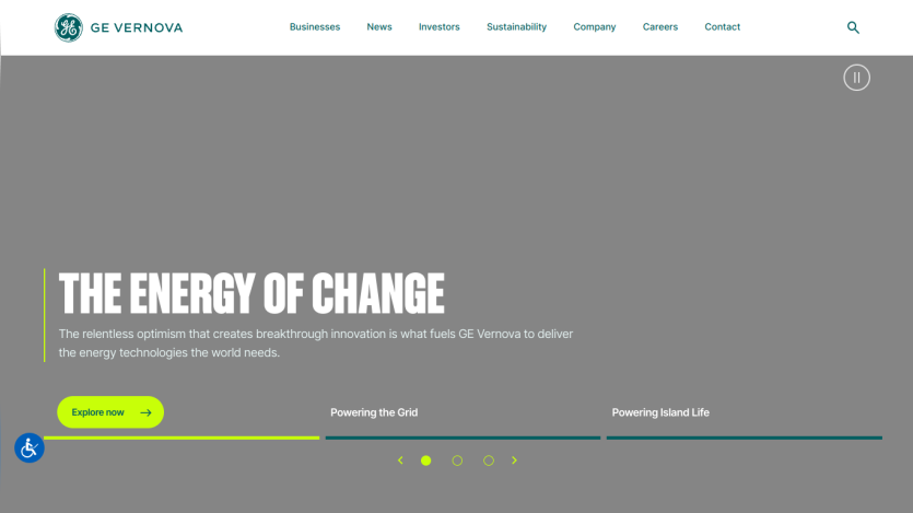 Homepage of GE Vernova featuring the tagline 'The Energy of Change' and navigation options.