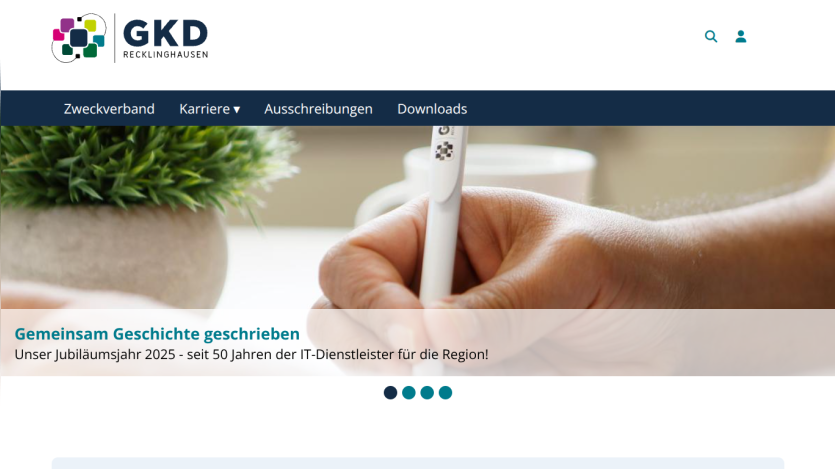 GKD Recklinghausen IT service provider celebrating 50 years in 2025 with navigation menu and hero image of hand writing.