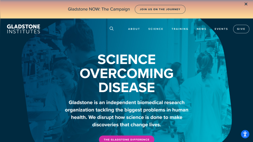 Gladstone Institutes homepage with headline 'Science Overcoming Disease' and description of biomedical research organization.
