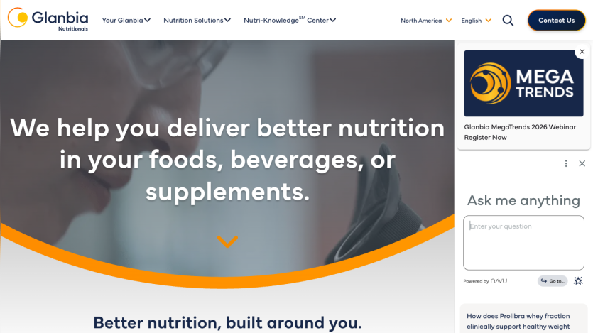 Glanbia Nutritionals homepage with headline about delivering better nutrition in foods, beverages, or supplements