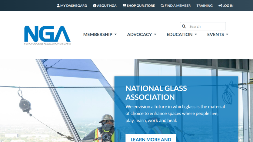 National Glass Association homepage with navigation and a hero section about enhancing spaces with glass