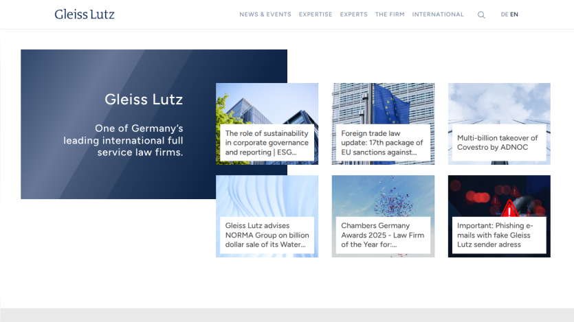 Gleiss Lutz homepage highlighting it as a leading German law firm with news updates on sustainability, trade law, and awards