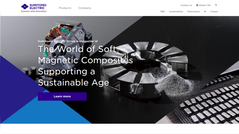 Sumitomo Electric homepage featuring soft magnetic composites supporting sustainability with navigation and call to action.