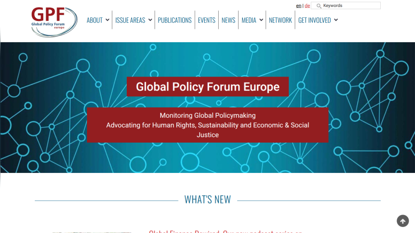 Global Policy Forum Europe homepage highlighting global policymaking and advocacy for human rights.