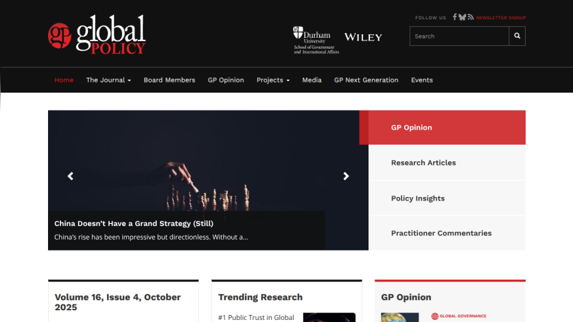 Global Policy website homepage with navigation, a featured article slider, and sections for journal volume, trending research, and GP opinion.