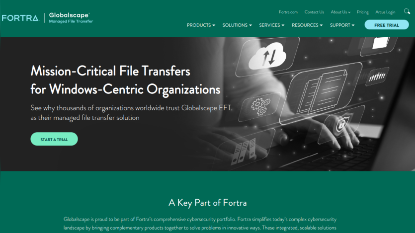 Homepage promoting managed file transfer solutions for Windows-centric organizations.