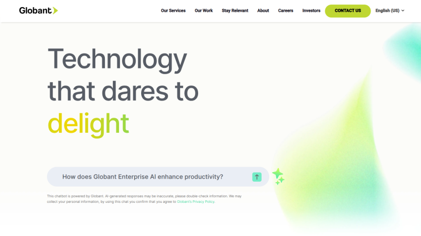 Homepage featuring the tagline 'Technology that dares to delight' and a call to action for productivity enhancement.