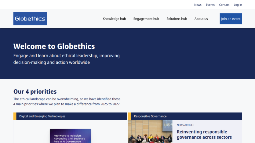 Globethics homepage with welcome message on ethical leadership and four main priorities including digital technologies and responsible governance