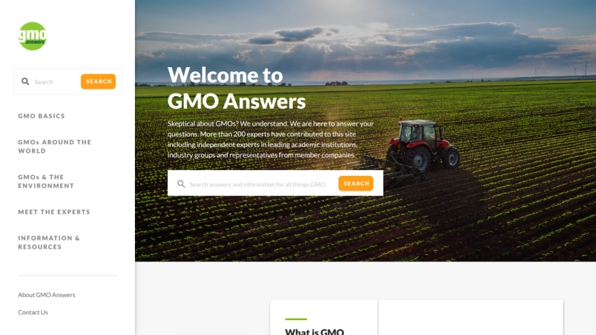 GMO Answers homepage with search bars and information about GMO experts and resources, featuring a tractor in a field under a cloudy sky