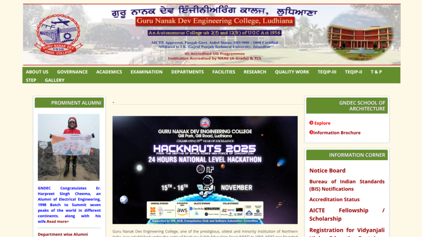 Guru Nanak Dev Engineering College Ludhiana website with navigation menu, alumni highlight, and Hacknauts 2025 hackathon event