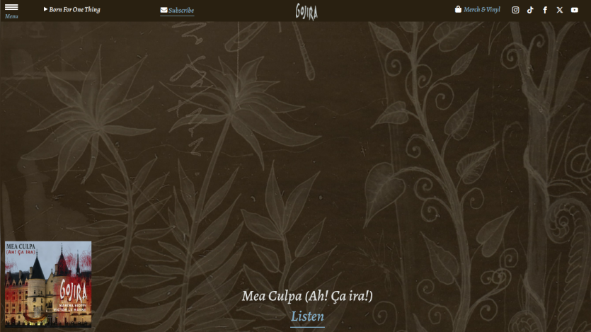 Gojira band website with album Mea Culpa (Ah! Ça ira!) and listen link on a decorative background
