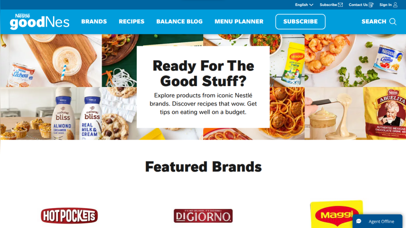 Homepage featuring recipes and brands with a call to action for exploring products.