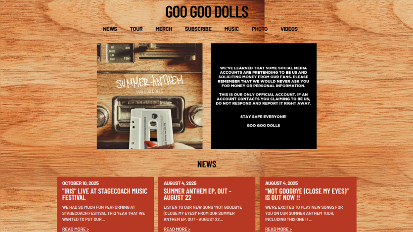 Goo Goo Dolls official site with navigation, summer anthem promotion, safety notice, and recent news about tours and music releases