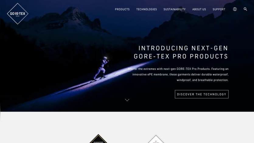 Next-gen GORE-TEX Pro Products introduction with a hero image of a skier in the mountains.