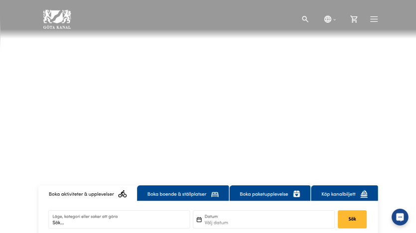 Göta Kanal website with navigation and booking options for activities, accommodations, packages, and tickets