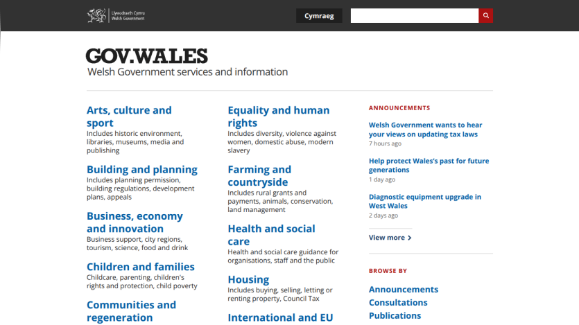 Welsh Government services and information homepage with various service categories listed.