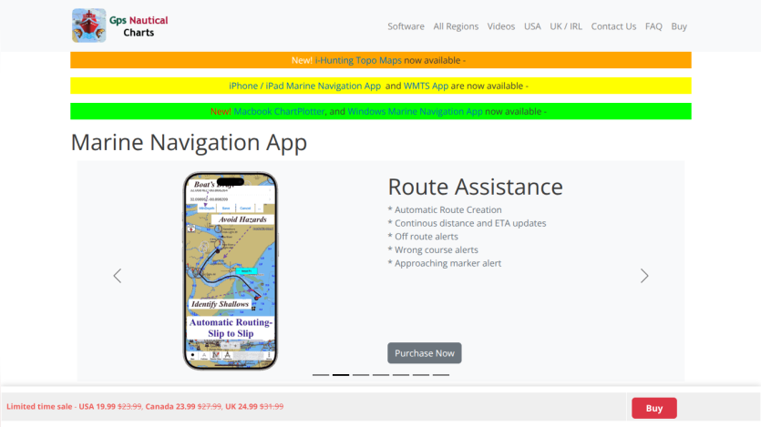 Marine Navigation App homepage with route assistance features and purchase option