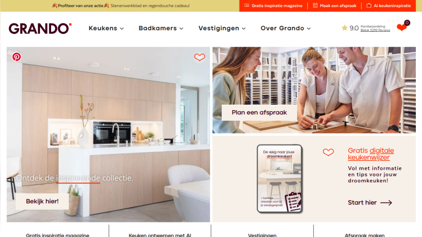 Grando kitchen and bathroom website with inspirational kitchen collection, appointment planning, and digital kitchen guide