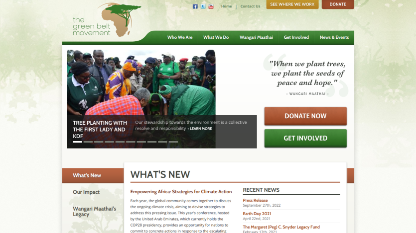 The Green Belt Movement homepage with navigation, hero image of tree planting event, quote from Wangari Maathai, and donate/get involved buttons
