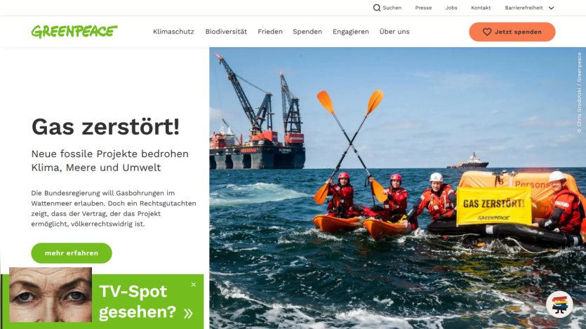 Greenpeace website promoting environmental issues with a hero image of activists on water.
