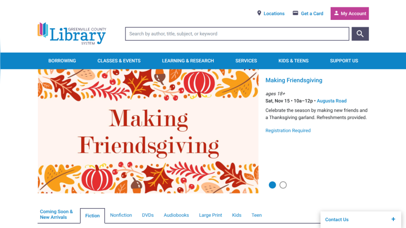 Greenville County Library System homepage with navigation and event promotion for Making Friendsgiving on Nov 15