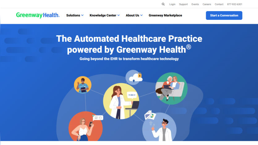 Homepage of Greenway Health showcasing automated healthcare solutions and key messaging.