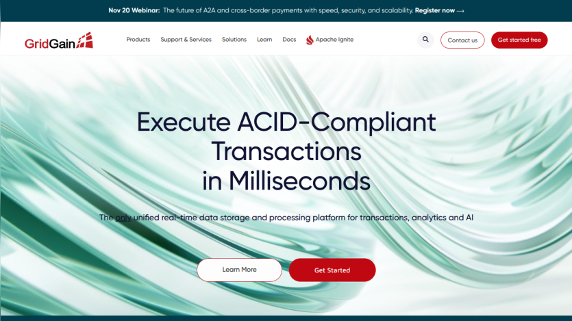 Homepage with headline 'Execute ACID-Compliant Transactions in Milliseconds' and buttons 'Learn More' and 'Get Started'