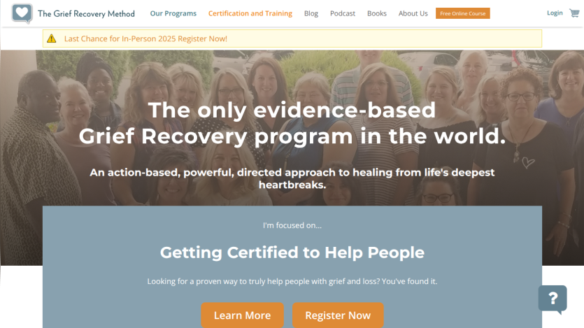 Grief Recovery Method homepage promoting evidence-based grief recovery program with certification options and registration call to action