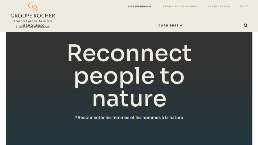 Groupe Rocher website header with navigation and hero text 'Reconnect people to nature'