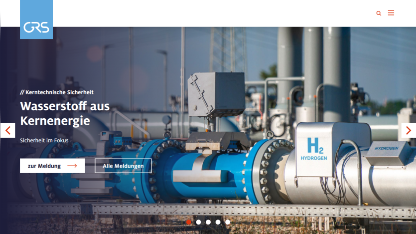 Website hero section about hydrogen from nuclear energy with safety focus and navigation options
