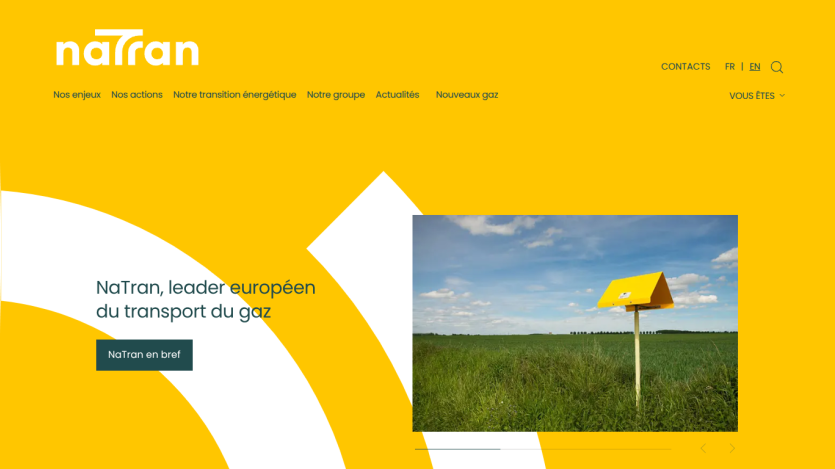 NaTran website showing European gas transport leadership with navigation and a field image under a blue sky