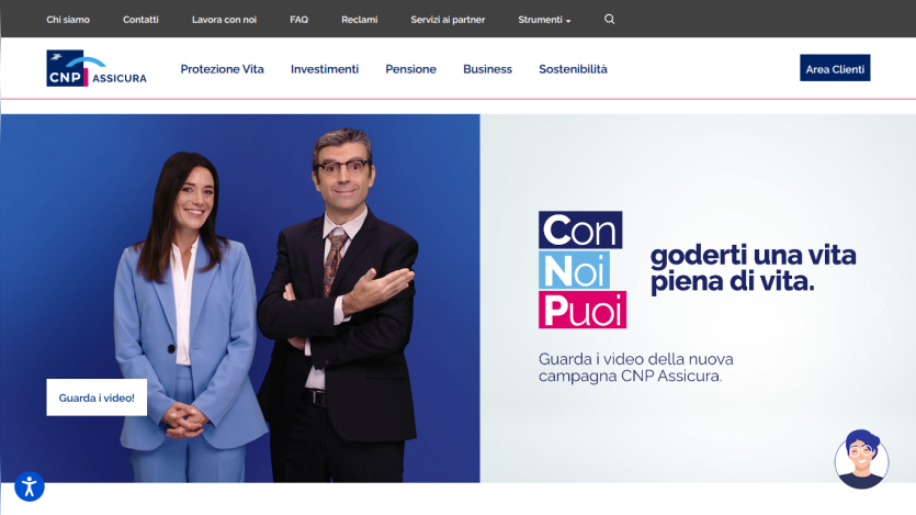 Insurance company homepage with navigation and campaign video invitation featuring two presenters and slogan about enjoying life