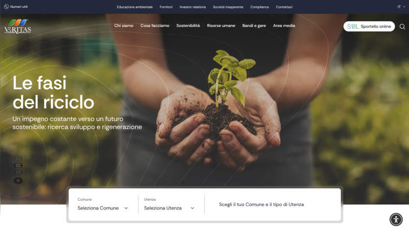 Website header with navigation and hero section showing hands holding a small plant with text about recycling phases and sustainability commitment