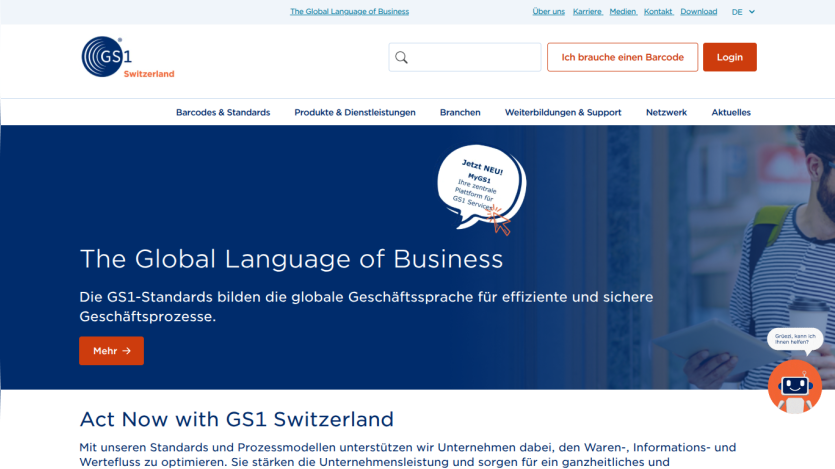 GS1 Switzerland homepage with navigation, search, login, and hero section promoting global business language standards.
