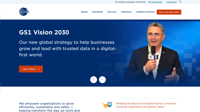 GS1 Vision 2030 strategy overview with a speaker and call-to-action button.