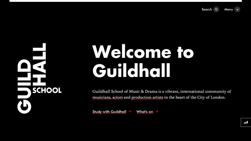 Guildhall School welcome page with introduction and links to study and events