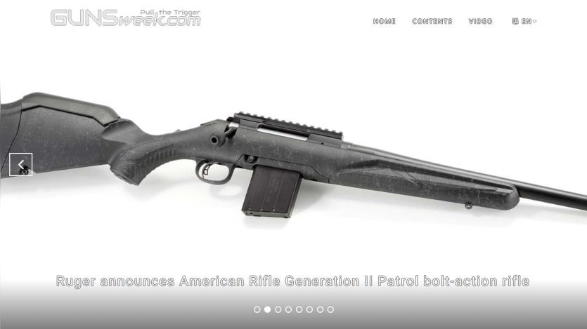 Gunsweek homepage featuring a Ruger American Rifle Generation II Patrol bolt-action rifle announcement