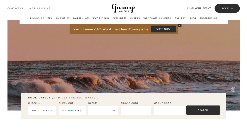 Gurney's Montauk website header with navigation, contact info, and booking form over ocean wave background