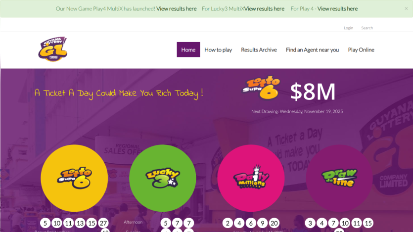 Guyana Lottery homepage showing Lotto Supa 6 $8M jackpot and lottery game options with next drawing date