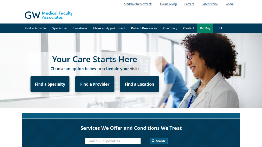 GW Medical Faculty Associates homepage with options to find a specialty, provider, or location and a search for services offered