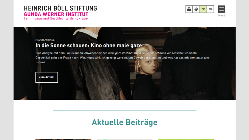 Heinrich Böll Stiftung Gunda Werner Institut homepage featuring article on cinema without male gaze and recent posts.
